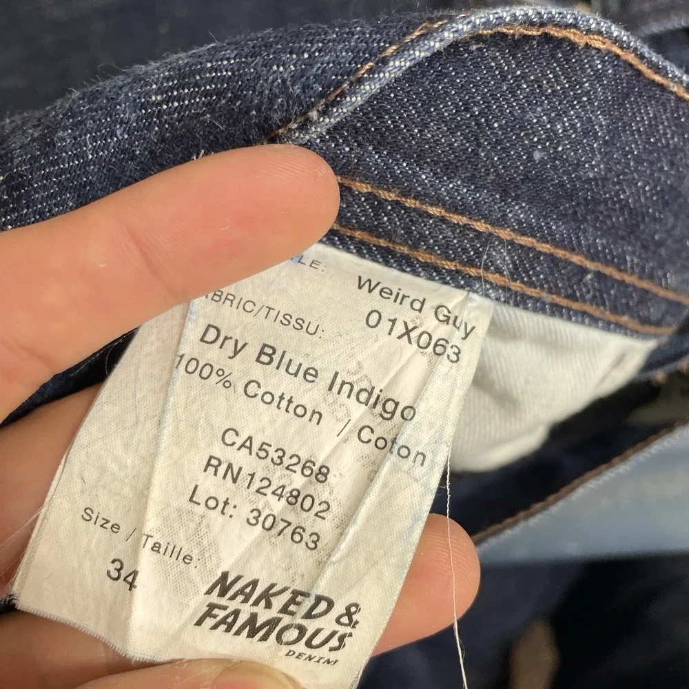 Naked & Famous Jeans Mens 34 (fit 36x33) Raw Dark Denim Button Fly Non-Selvedge